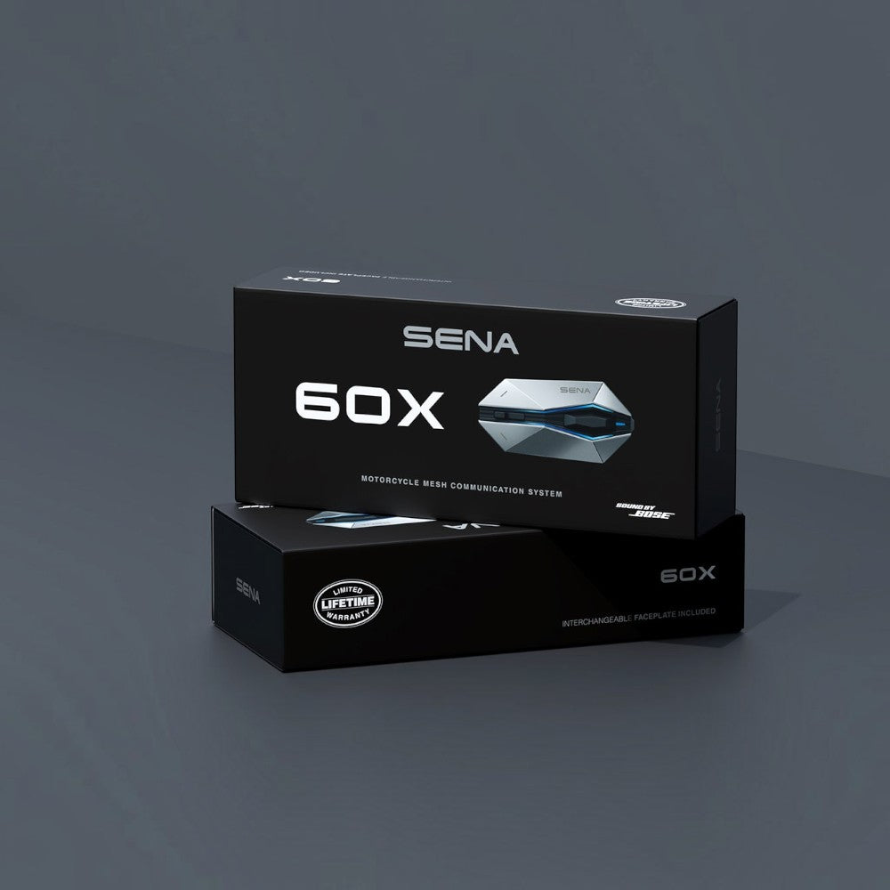 Moto Explorer Sena 60X motorcycle Bluetooth and Mesh communication system packaging with Sound by Bose branding.