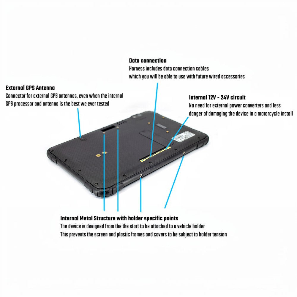 Moto Explorer DMD-T880X rugged motorcycle navigation device rear view showing GPS antenna and power connection ports