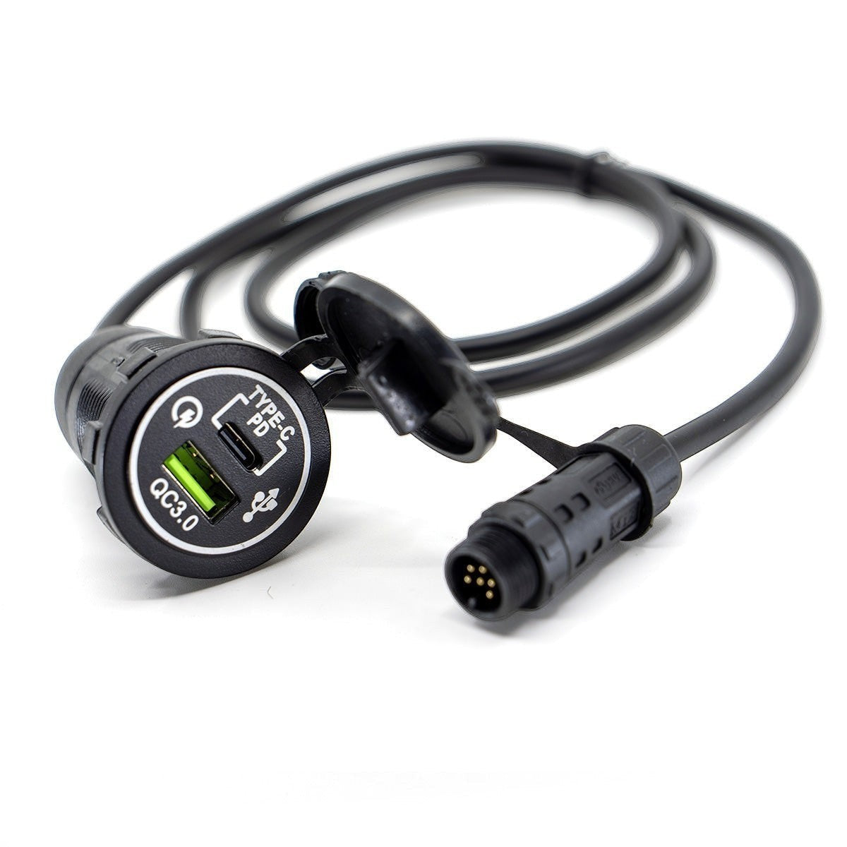 Moto Explorer dual-port USB charger with Type-C and QC3.0 ports, featuring a protective cap and wiring harness.