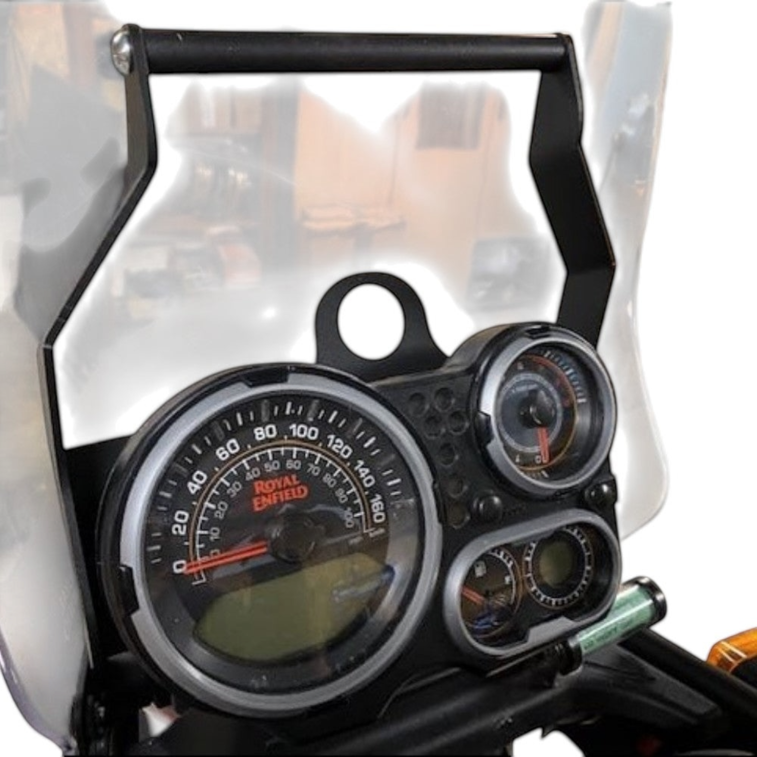 Moto Explorer black aluminium 12mm navigation bar mount installed on a Royal Enfield Himalayan 411 motorcycle cockpit
