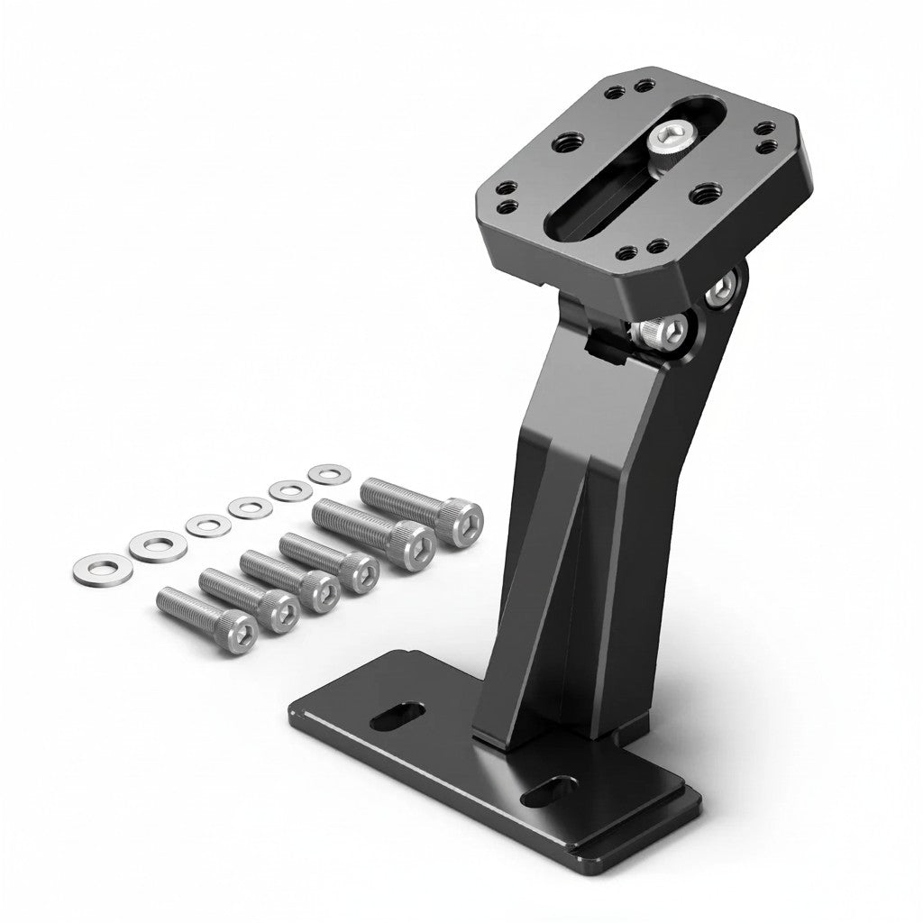 Moto Explorer black aluminum navigation mount for KTM 390 Adventure R 2025+ with adjustable viewing angle and AMPS pattern.