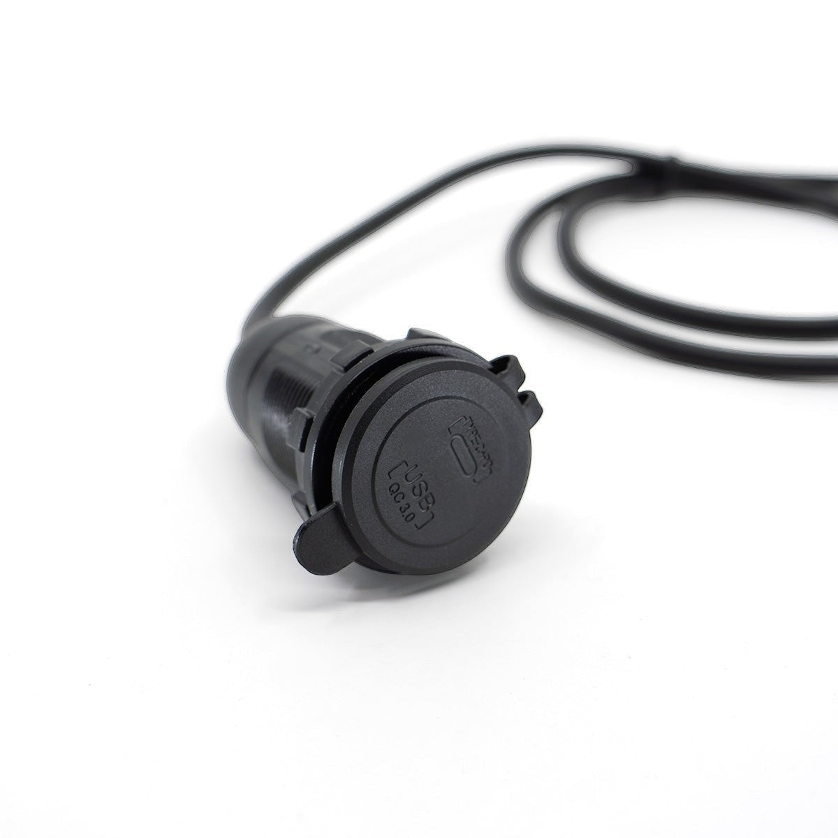 Moto Explorer dual-port USB charger with protective cap and wiring for motorcycle handlebar mounting