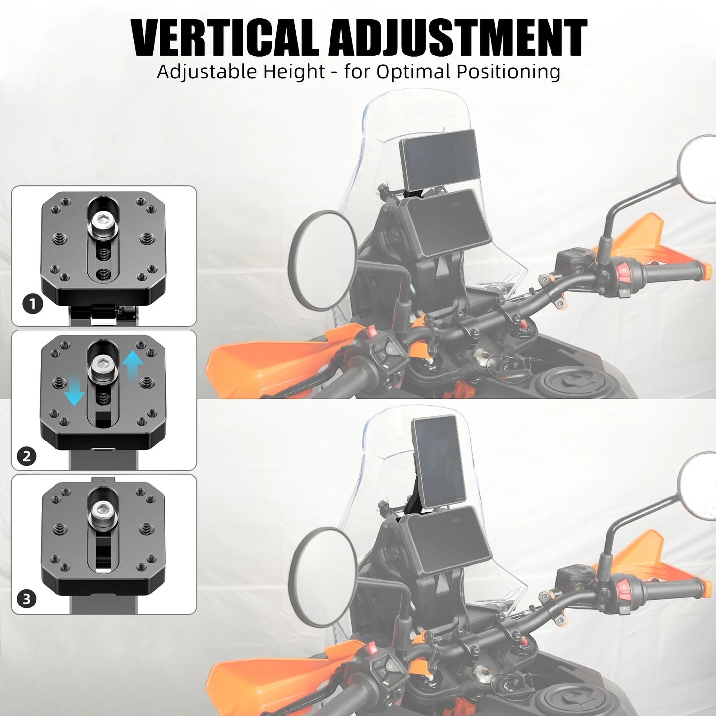 Moto Explorer RideTrak AMPS Navigation Mount for KTM 390 Adventure R 2025+. Billet aluminum with adjustable viewing angle.