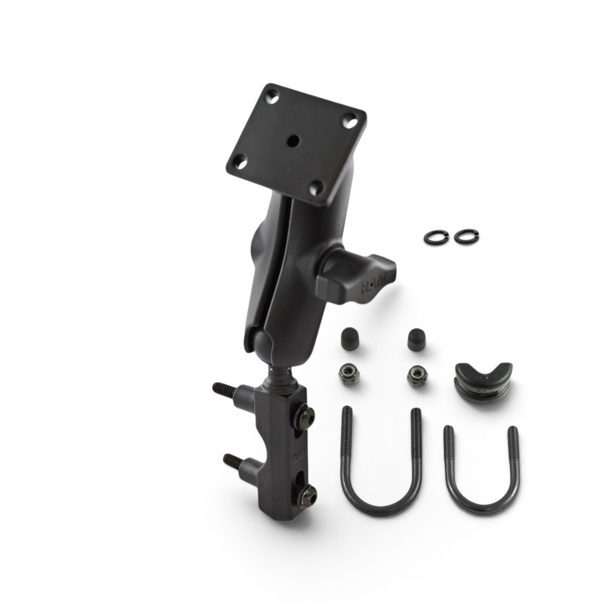 Moto Explorer RAM AMPS plate motorcycle mount with long arm, U-bolt hardware, and vibration-dampening ball socket.