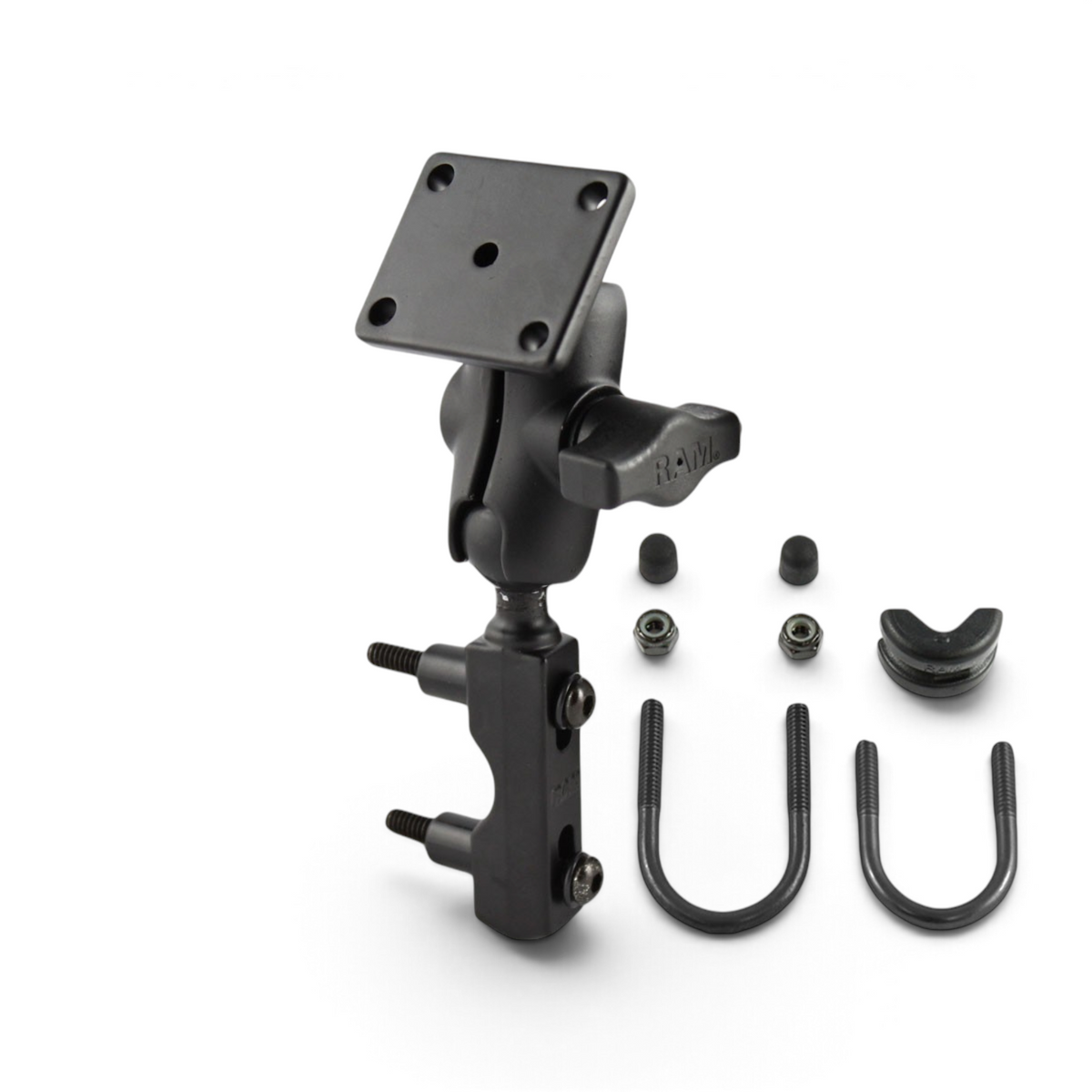 Moto Explorer RAM AMPS plate motorcycle handlebar mount with short arm, U-bolt hardware, and vibration-dampening ball