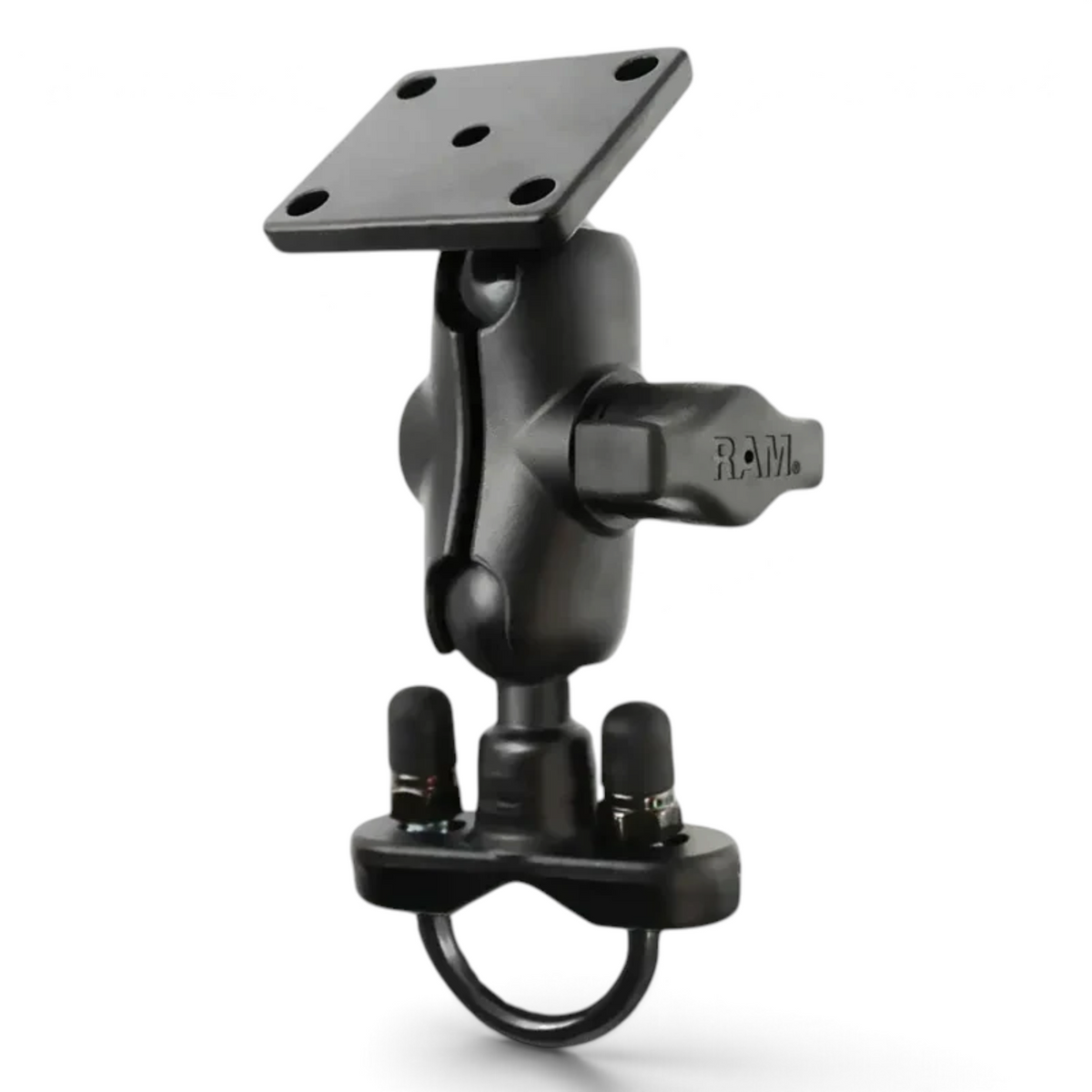 Moto Explorer RAM AMPS plate motorcycle mount with short double socket arm and zinc-coated U-bolt base in black