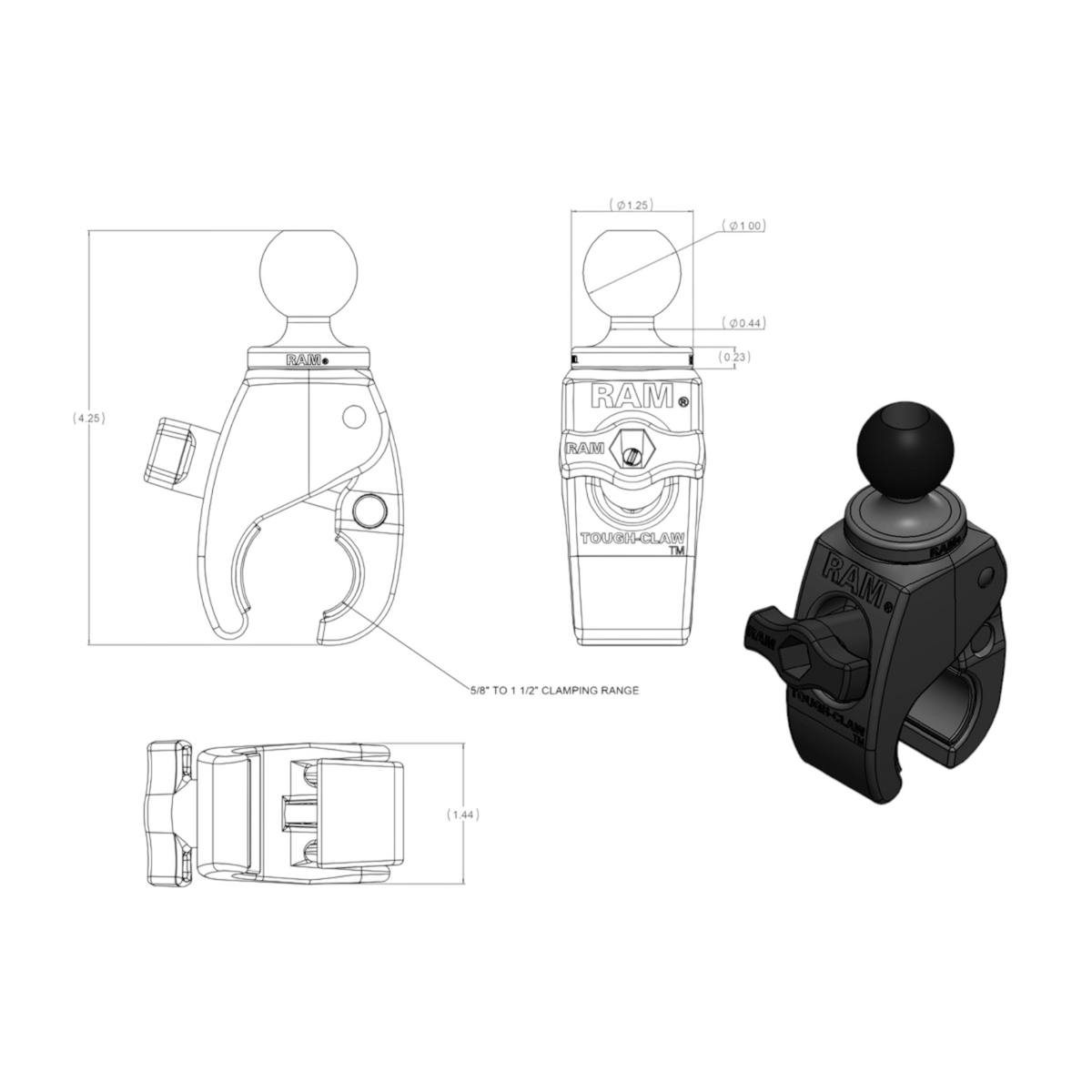 Moto Explorer RAM Tough-Claw clamp base with B-size ball, showing technical dimensions and 3D product view.