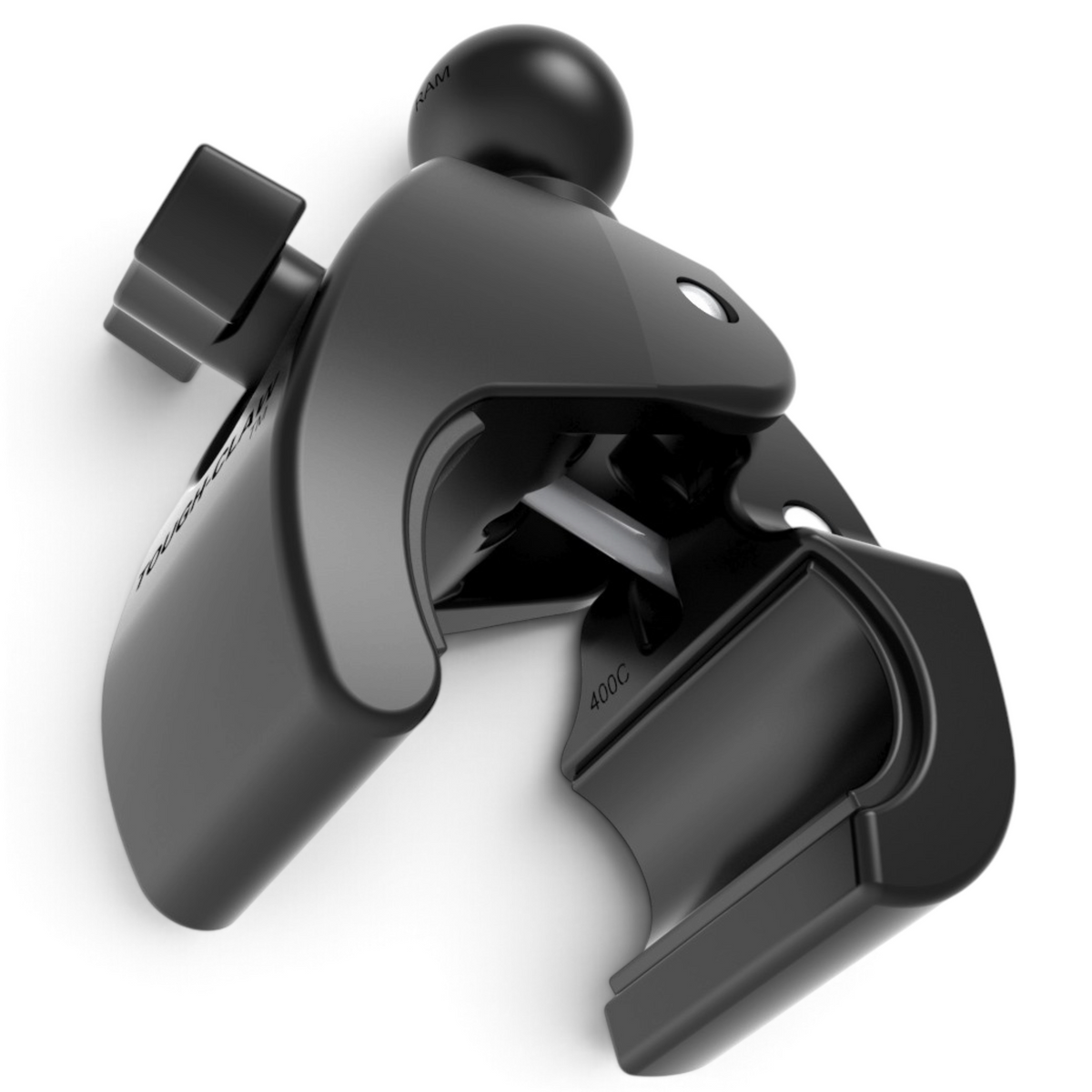Moto Explorer RAM Tough-Claw black quick-release clamp base with B-size rubber ball for motorcycle handlebars