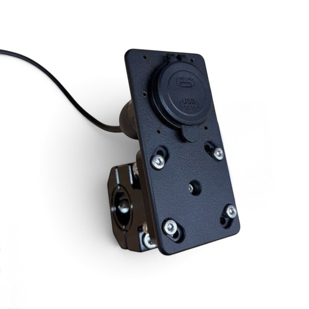 Moto Explorer RideTrak handlebar mount with dual USB charger for DMD T8 and NOR7E, featuring a black ABS plate.