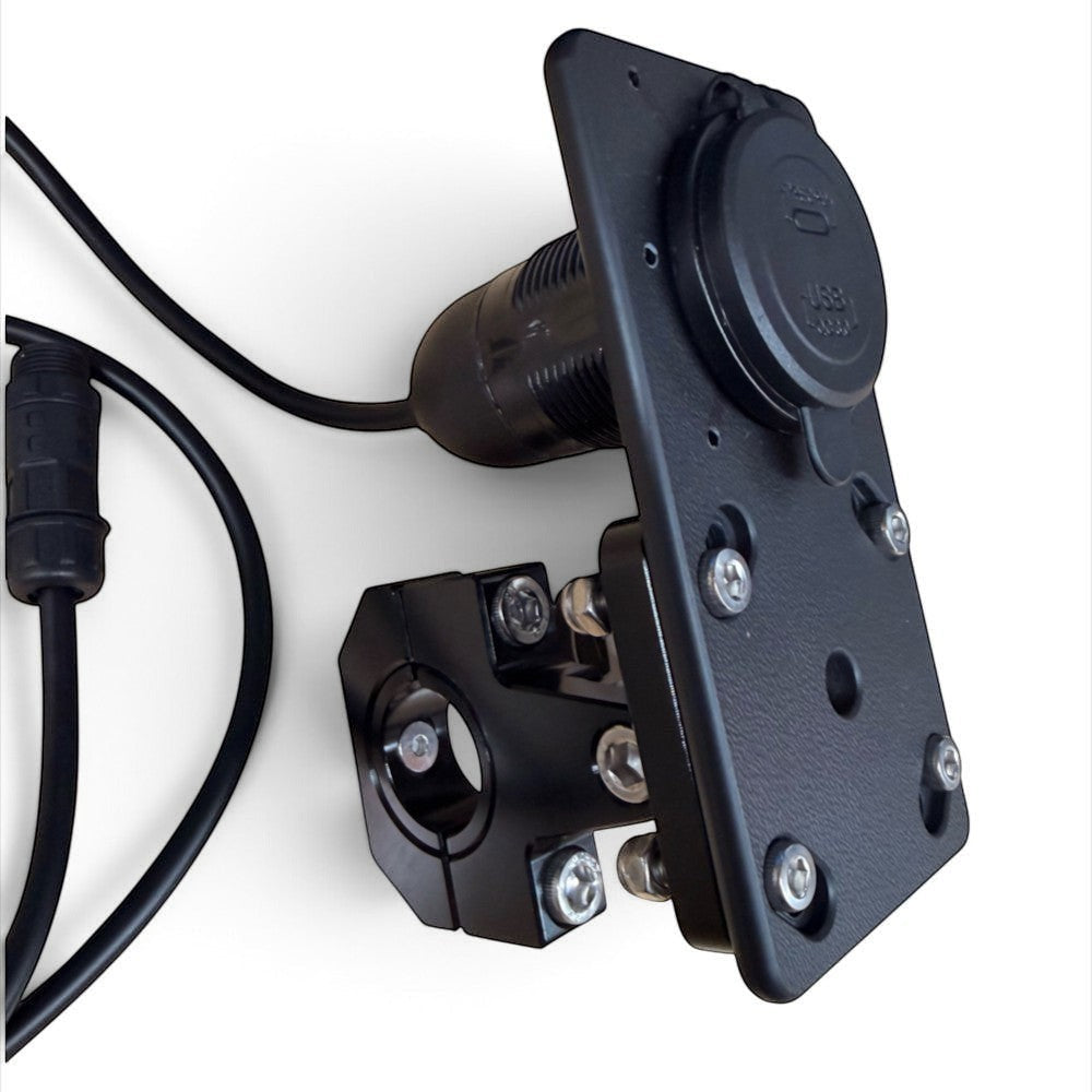 Moto Explorer RideTrak handlebar mount with dual-port USB charger for AJP PR7 motorcycle tower brace