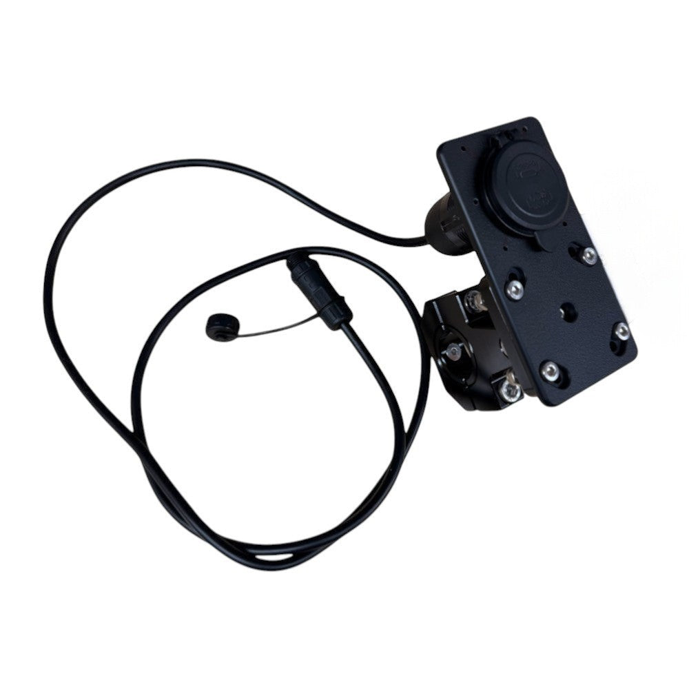 Moto Explorer RideTrak handlebar mount with dual-port USB charger for AJP PR7 motorcycle tower brace