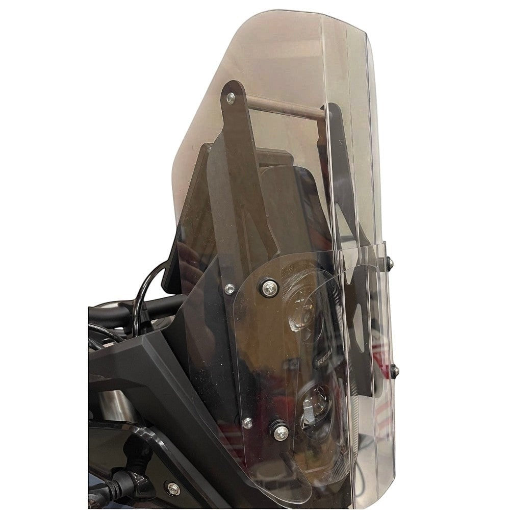 Moto Explorer black aluminium 12mm navigation bar mount installed on a Rieju Aventura Rally 307 motorcycle cockpit