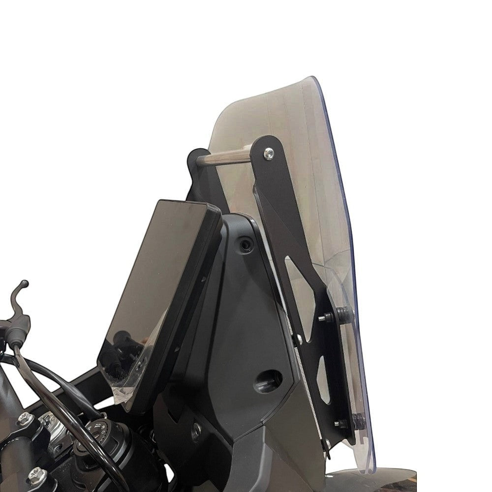 Moto Explorer black aluminum 12mm navigation bar mount installed on a Rieju Aventura Rally 307 motorcycle cockpit.