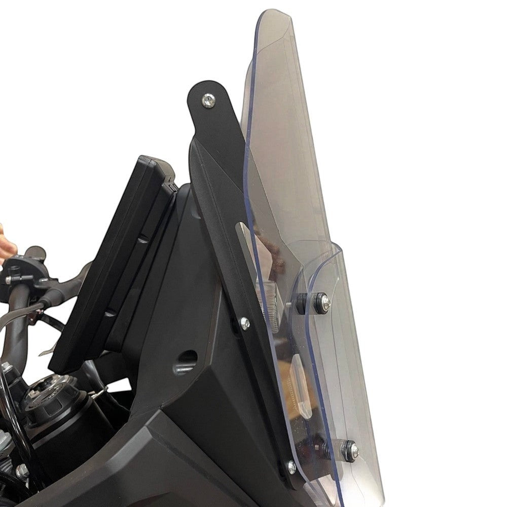 Moto Explorer black aluminum 12mm navigation bar mount installed on a Rieju Aventura Rally 307 motorcycle cockpit.