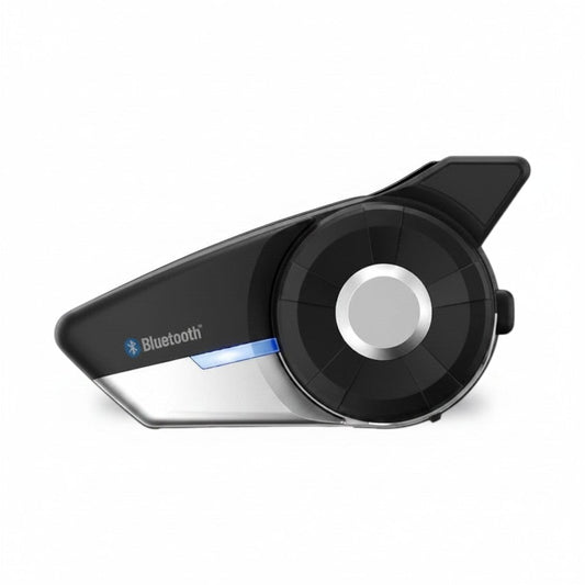 Moto Explorer Sena 20S EVO motorcycle Bluetooth communication system with HD speakers, black and silver.