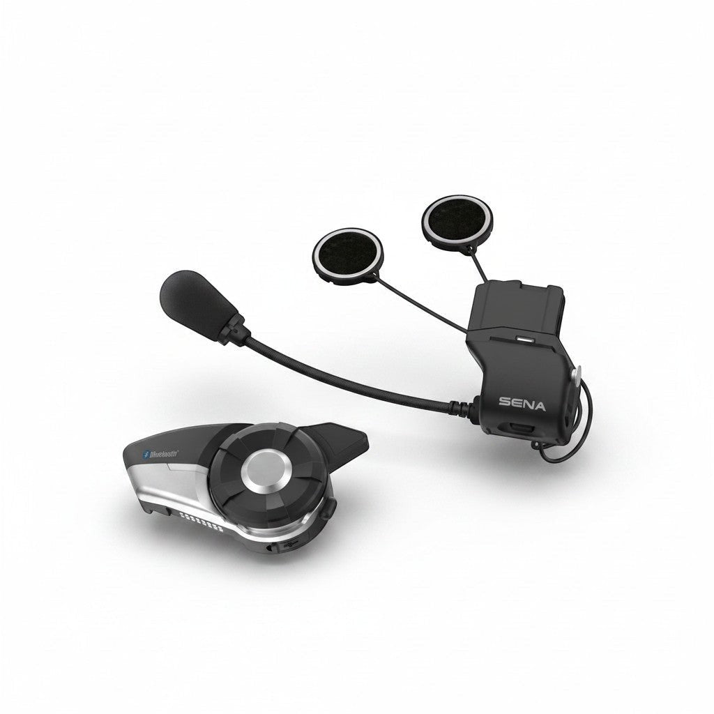 Moto Explorer Sena 20S EVO motorcycle Bluetooth communication system with HD speakers and boom microphone.
