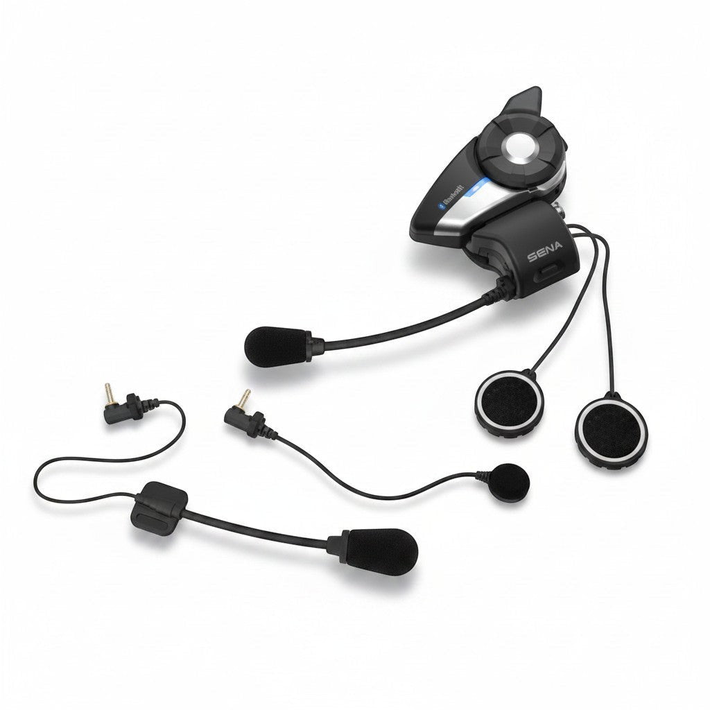 Moto Explorer Sena 20S EVO motorcycle Bluetooth communication system with HD speakers and microphones.