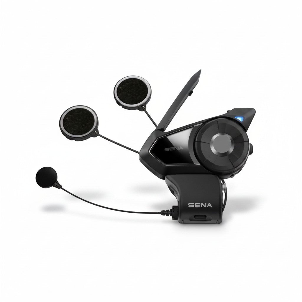 Moto Explorer Sena 30K motorcycle Bluetooth & Mesh communication system with HD speakers and microphone.