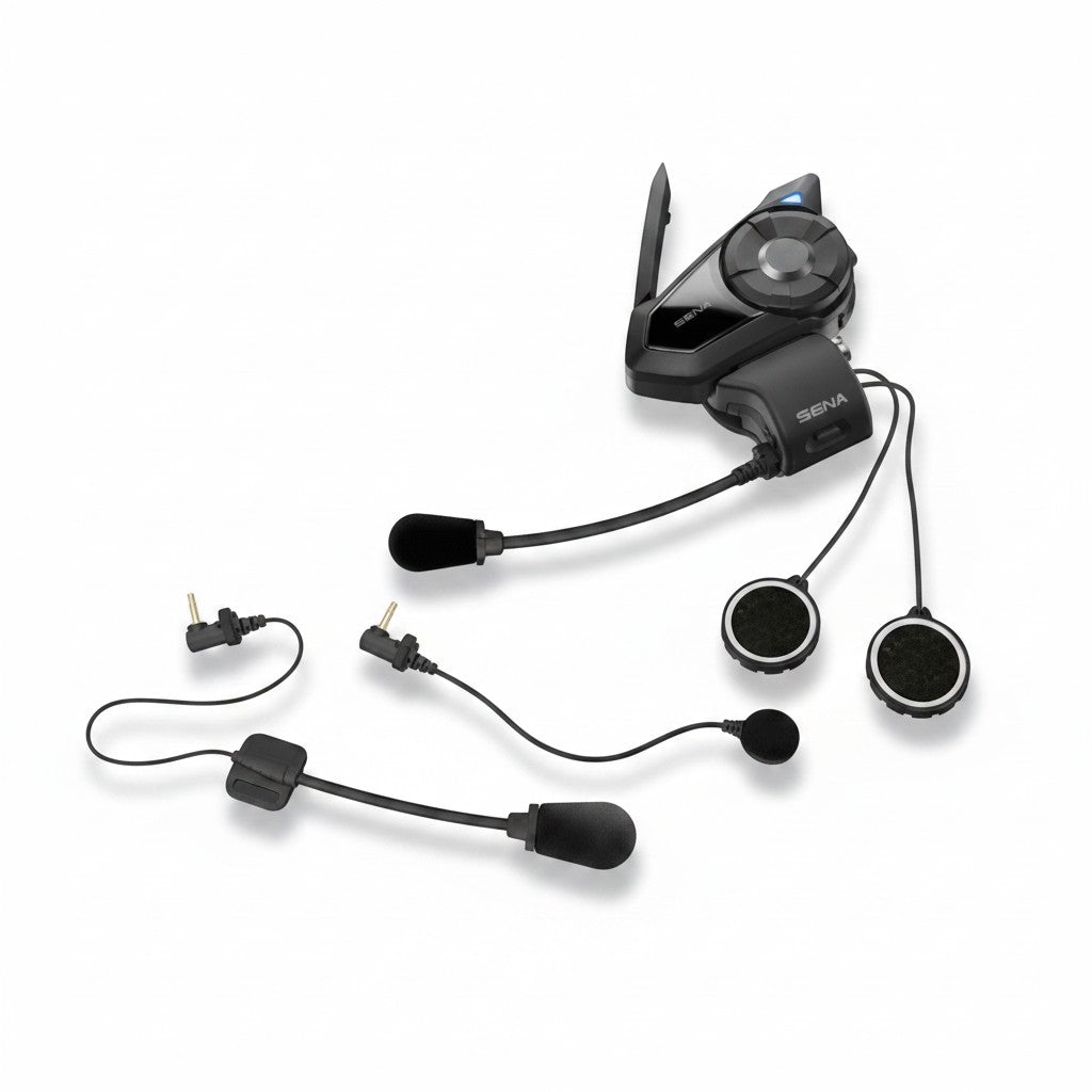 Moto Explorer Sena 30K motorcycle Bluetooth & Mesh communication system with HD speakers and microphones.