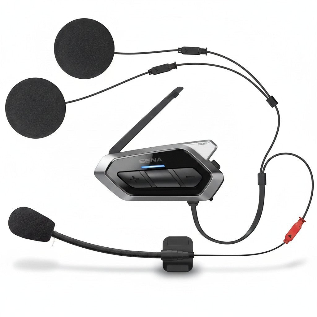 Moto Explorer Sena 50R motorcycle communication system with Harman Kardon speakers and boom microphone.