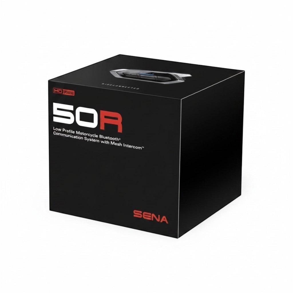 Moto Explorer Sena 50R motorcycle communication system box with HD speakers and Mesh Intercom technology.