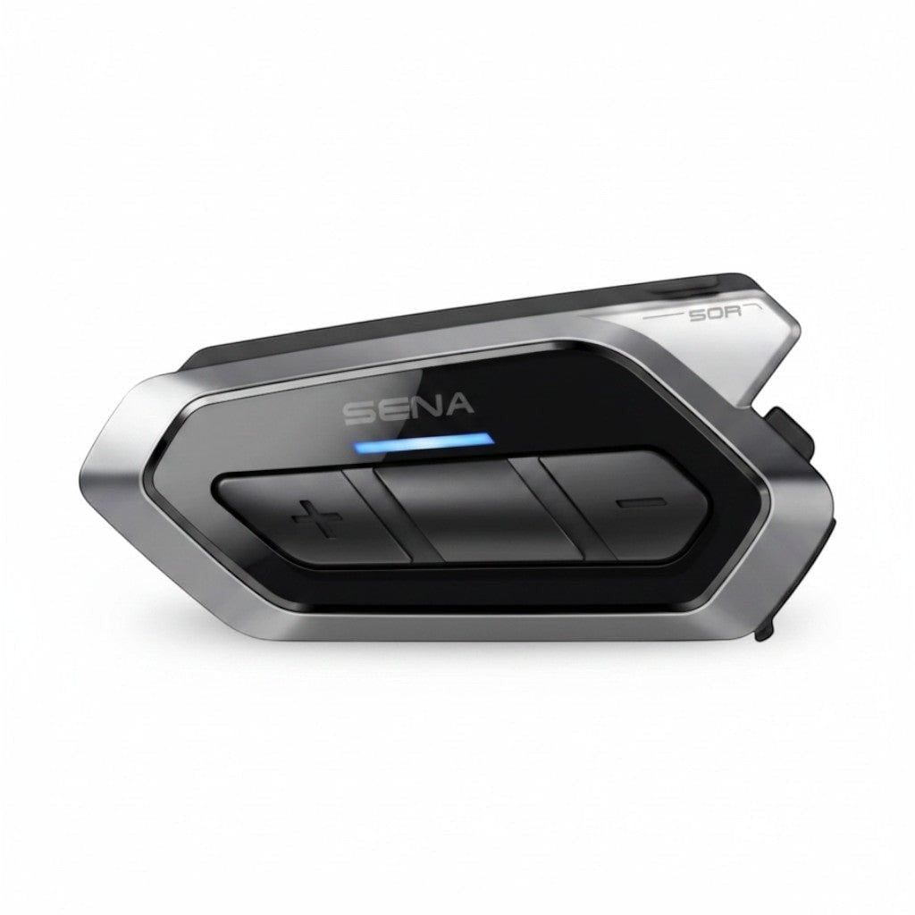 Moto Explorer Sena 50R motorcycle communication system with Harman Kardon audio, mesh intercom, and Bluetooth 5.