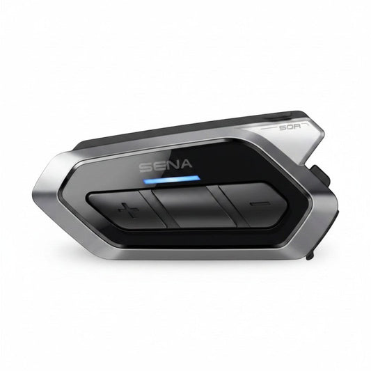 Moto Explorer Sena 50R motorcycle communication system with Harman Kardon audio, mesh intercom, and Bluetooth 5.