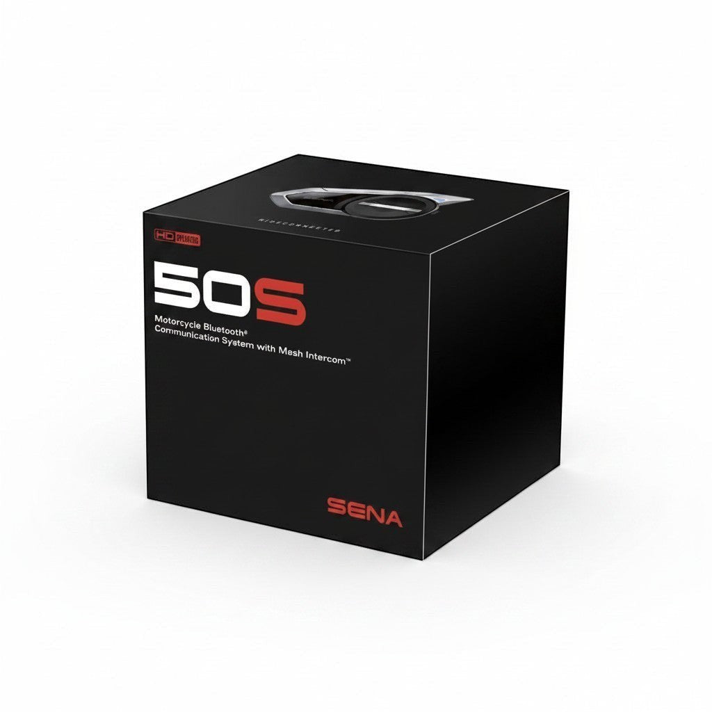 Moto Explorer Sena 50S Motorcycle Bluetooth & Mesh Communication System box with HD Speakers and Harman Kardon audio.