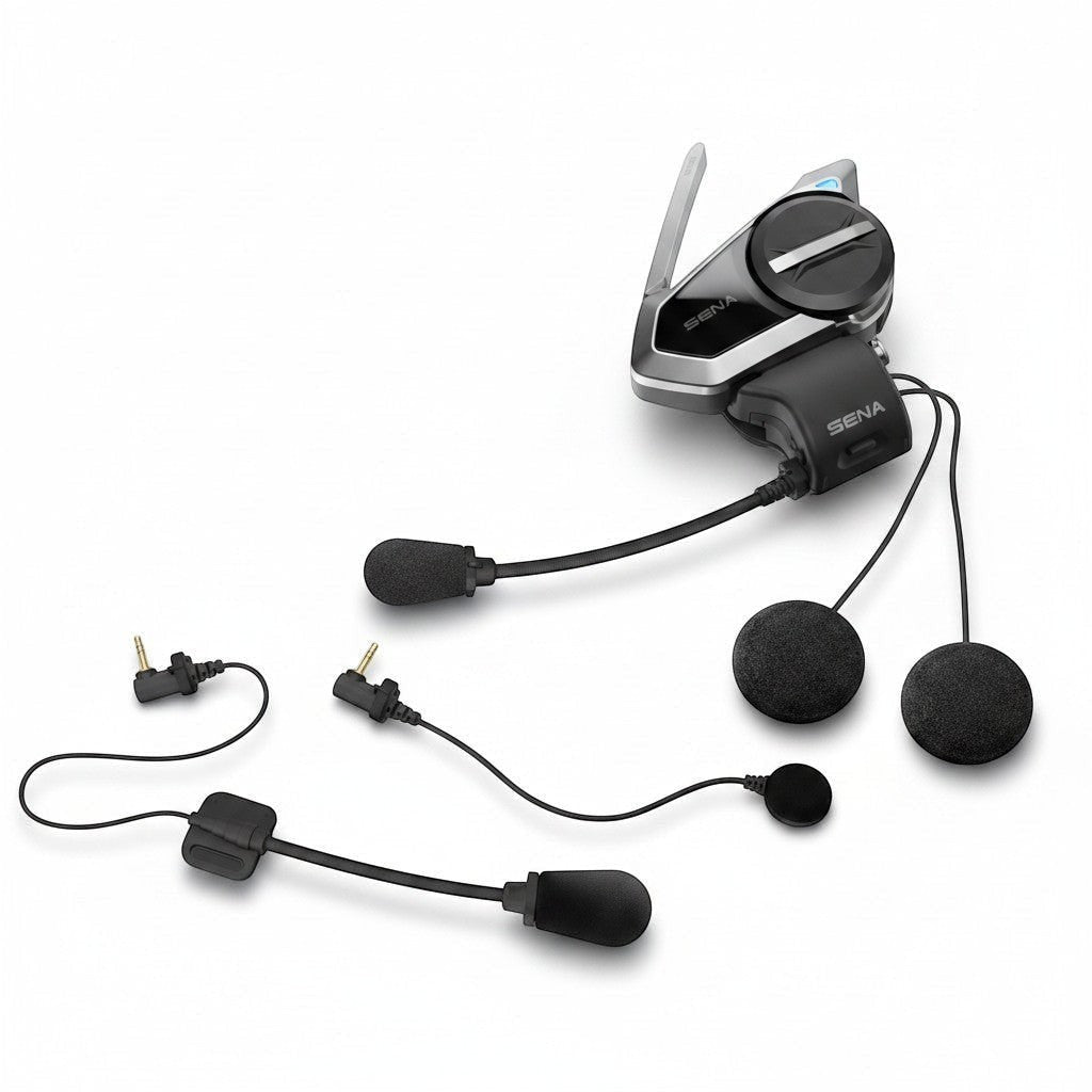 Moto Explorer Sena 50S motorcycle communication system with Harman Kardon speakers and mesh intercom technology.