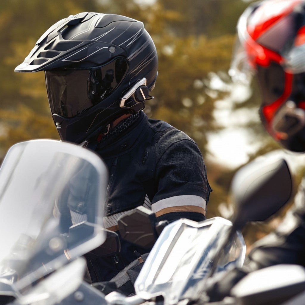 Moto Explorer Sena 50S motorcycle helmet communication system with Harman Kardon audio, black helmet.