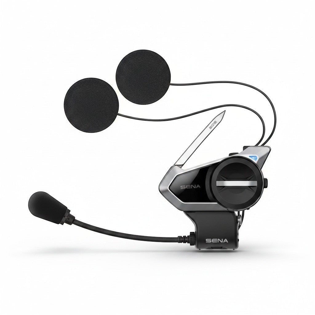 Moto Explorer Sena 50S motorcycle communication system with Harman Kardon speakers and boom microphone.