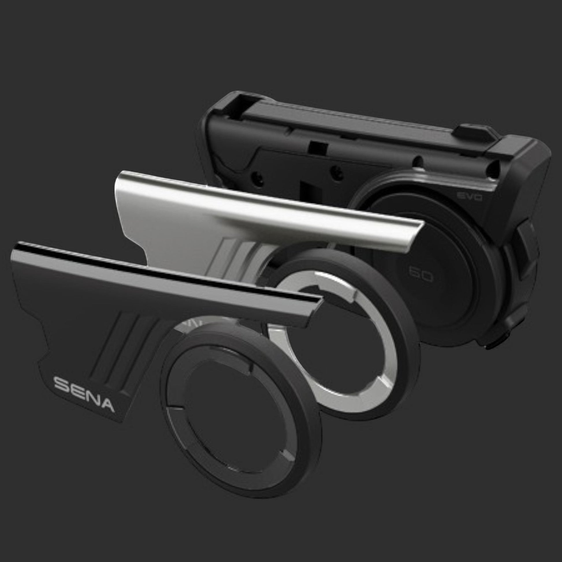 Moto Explorer Sena 60S EVO motorcycle communication system with interchangeable black and silver faceplates.