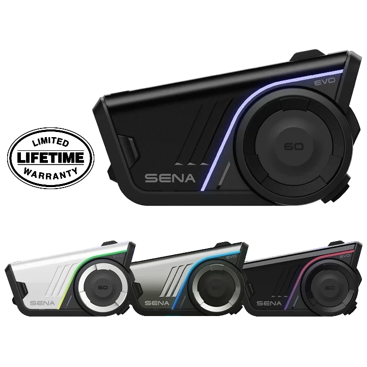 Moto Explorer Sena 60S EVO motorcycle communication system with interchangeable coloured faceplates and LED lighting.