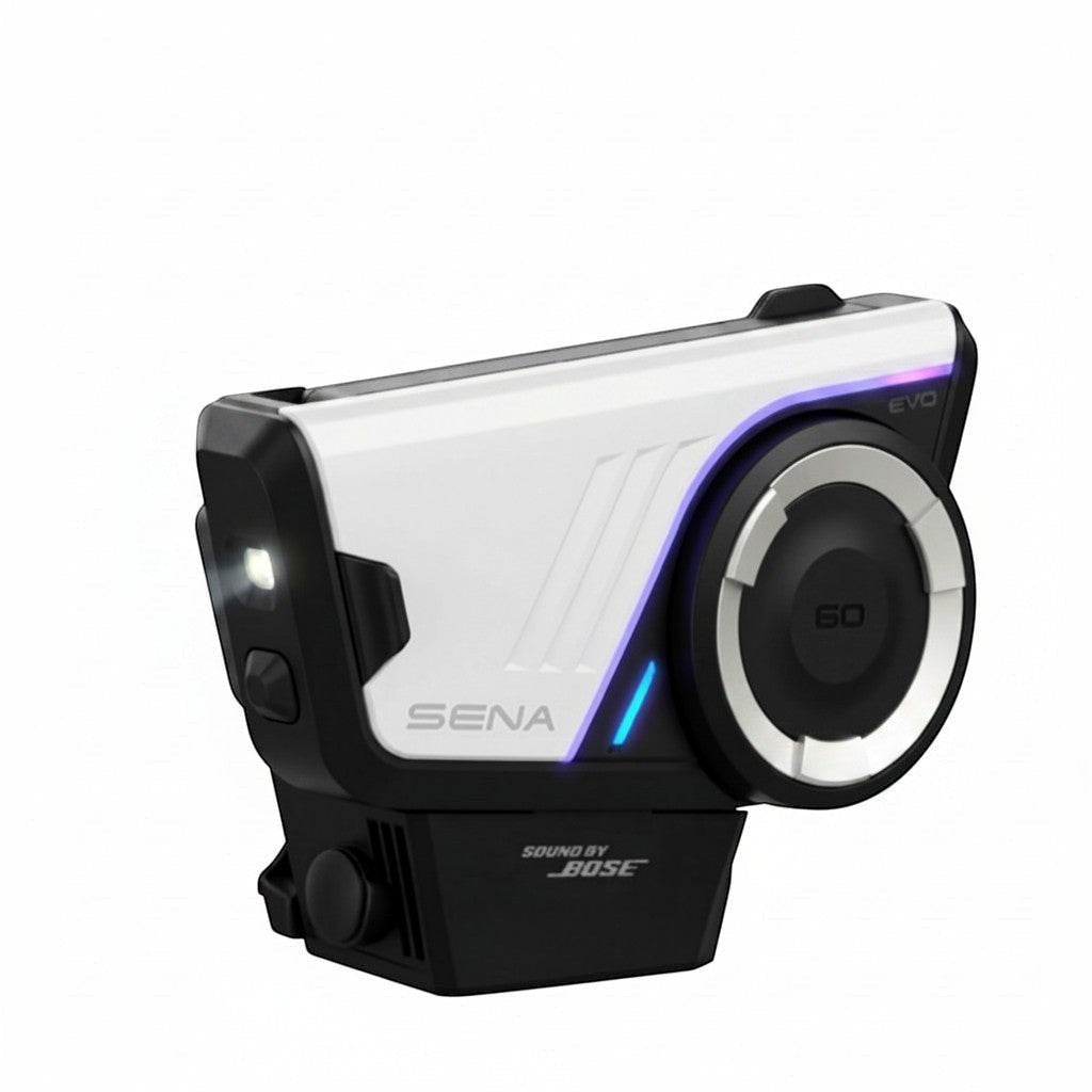 Moto Explorer Sena 60S EVO motorcycle communication system with white faceplate, jog dial, and integrated LED light.