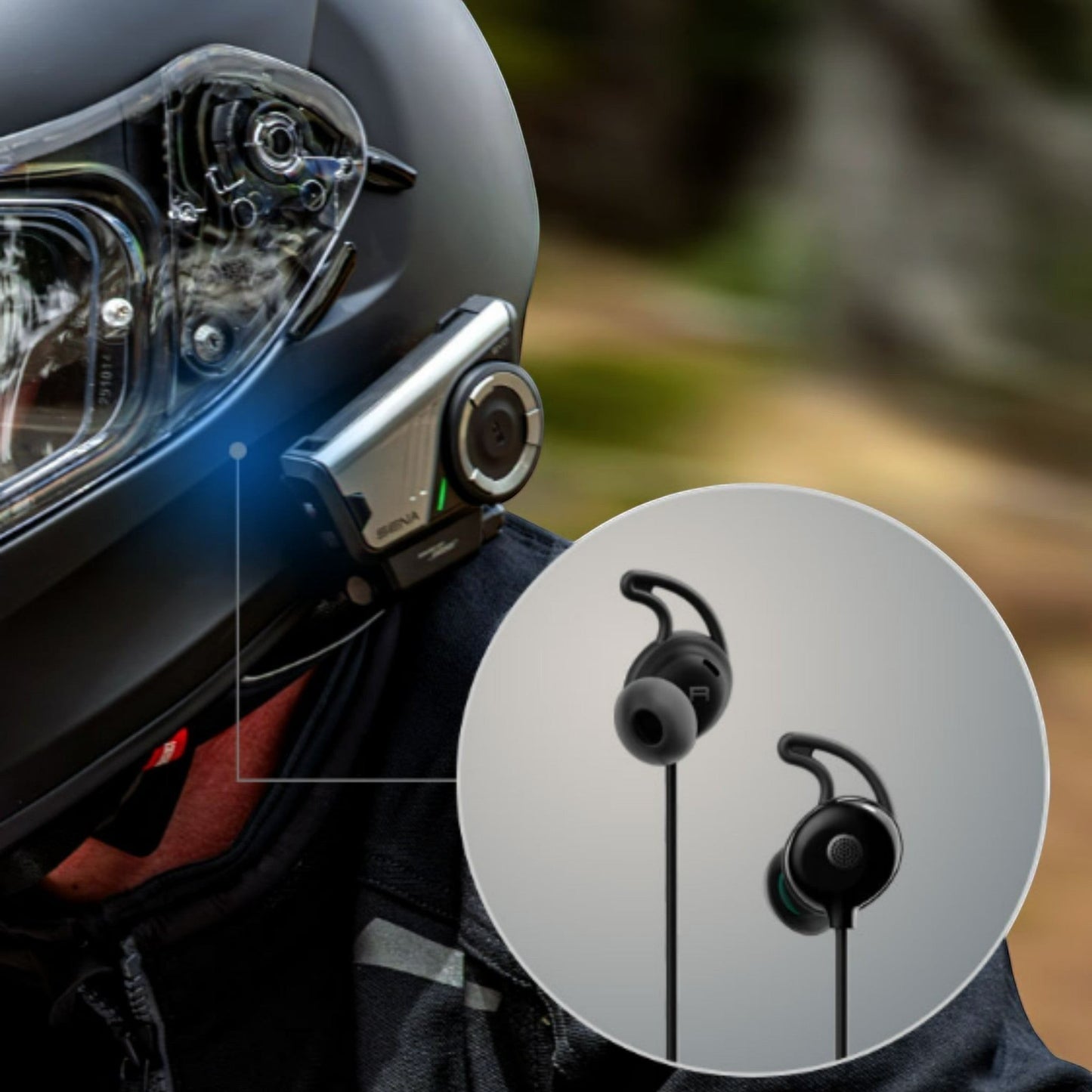 Moto Explorer Sena 60S EVO motorcycle communication system mounted on a helmet with premium Harman Kardon earbuds