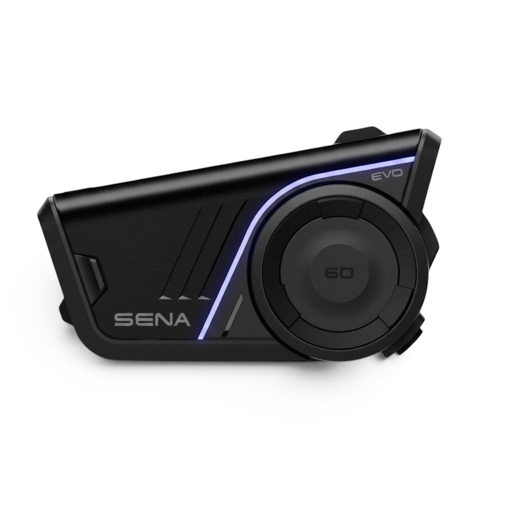 Moto Explorer Sena 60S EVO motorcycle communication system featuring a black design, jog dial, and RideGlow LED lighting.