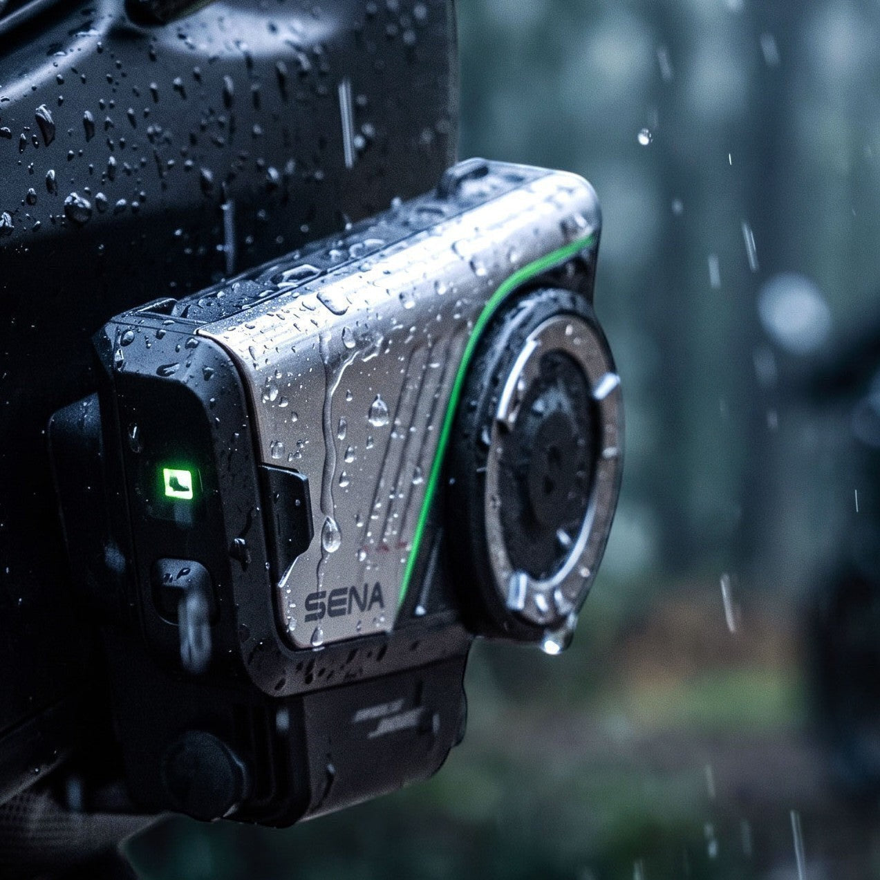 Moto Explorer Sena 60S EVO motorcycle communication system mounted on a helmet in the rain with glowing LED accents.