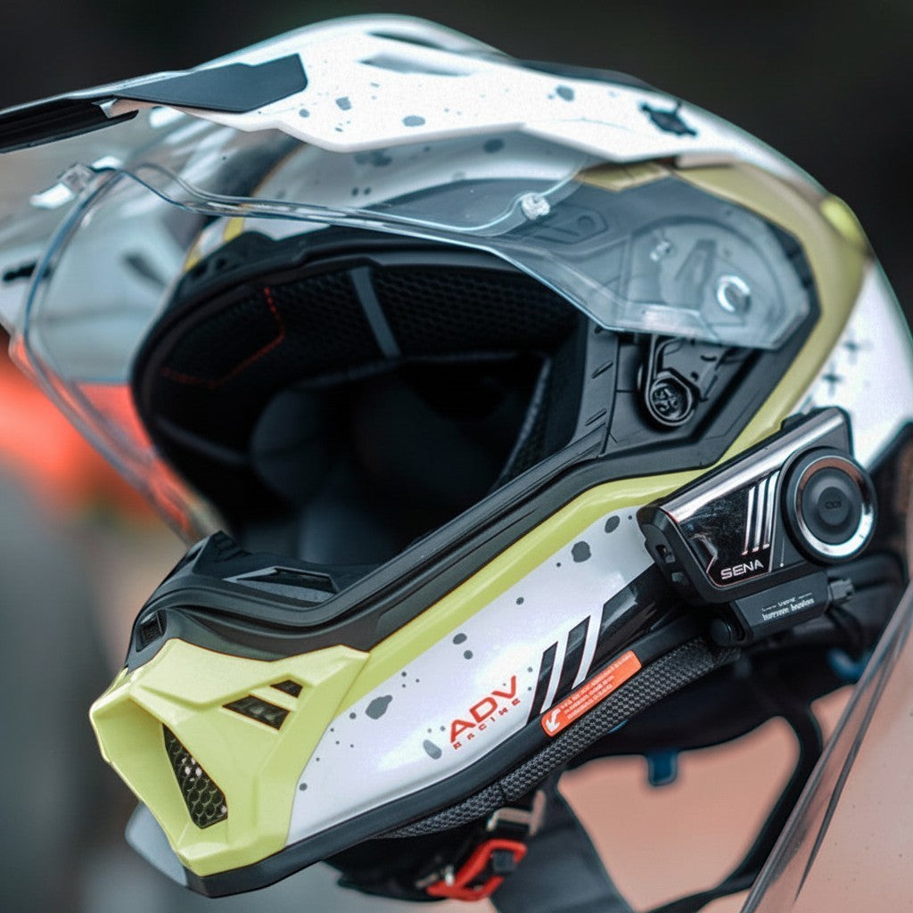 Moto Explorer Sena 60S motorcycle helmet communication system with Harman Kardon speakers and LED lights.