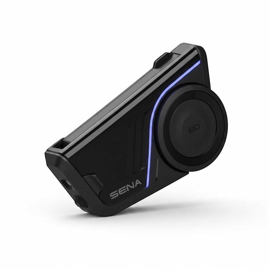 Moto Explorer Sena 60S motorcycle communication system with Harman Kardon audio, featuring blue LED accents and a dial.