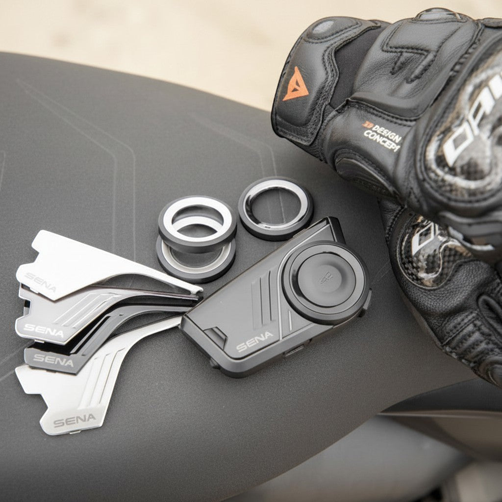 Moto Explorer Sena 60S motorcycle communication system with customizable faceplates and Harman Kardon speakers.