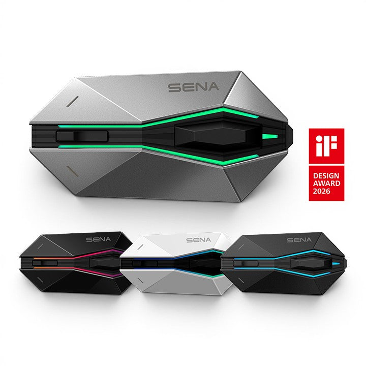 Moto Explorer Sena 60X motorcycle communication system with customizable RideGlow LED faceplates in various colors.