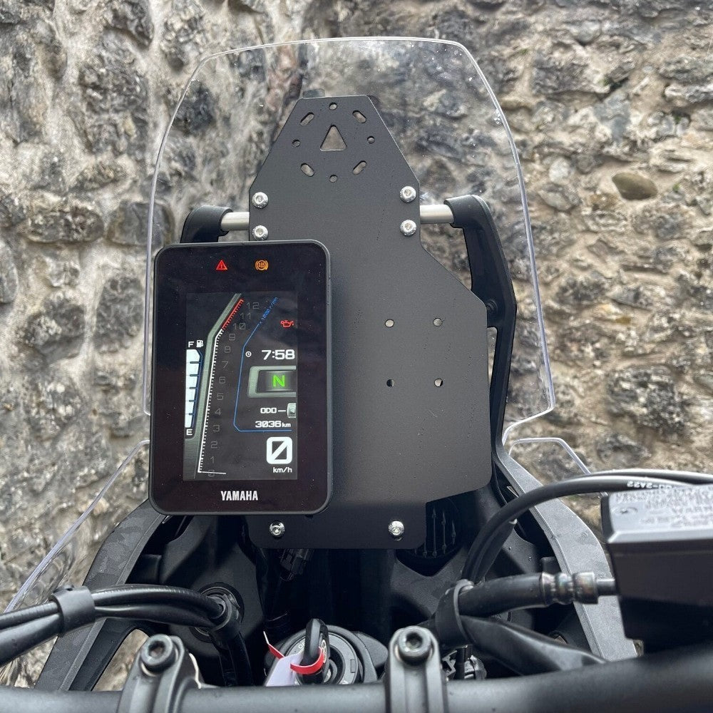 Moto Explorer black aluminium AMPS dash mount installed on a Yamaha Tenere 700 motorcycle cockpit