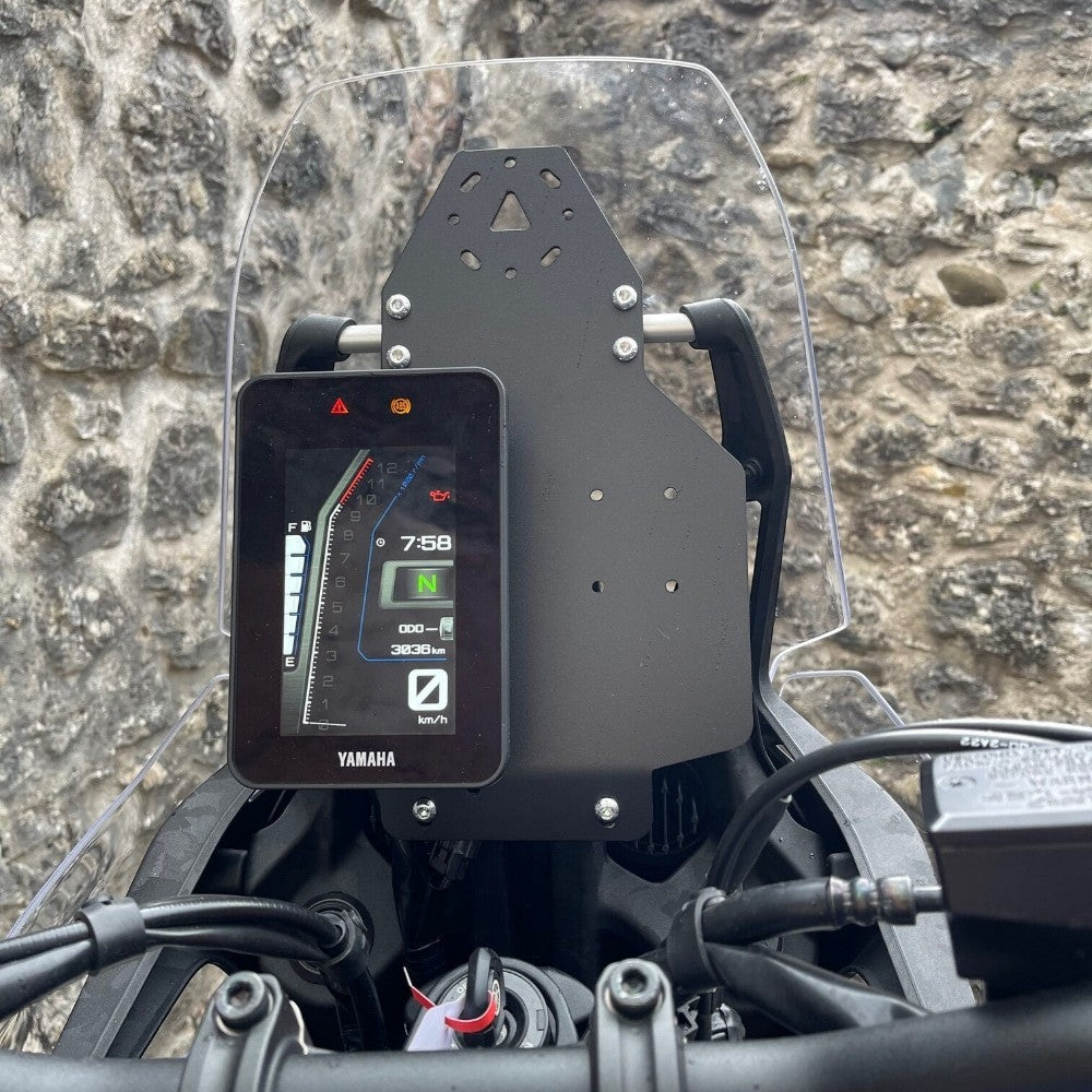 Moto Explorer black aluminium AMPS dash mount installed on a Yamaha Tenere 700 motorcycle cockpit