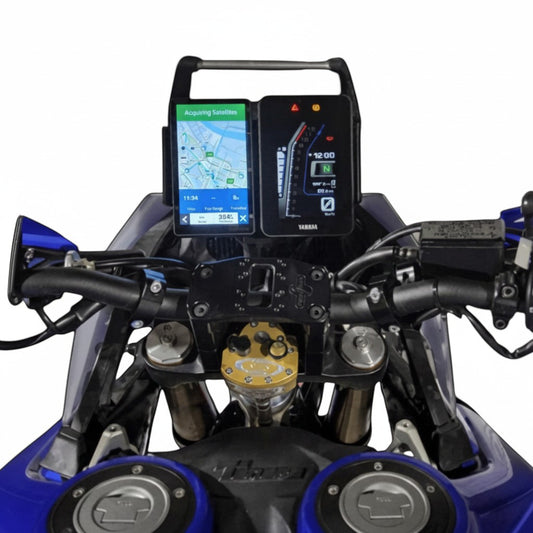 Moto Explorer Garmin side-by-side dash mount installed on a Yamaha Tenere 700 with a GPS unit and TFT screen