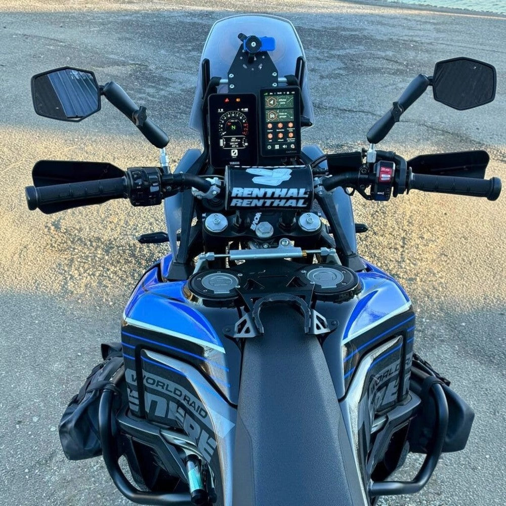 Moto Explorer black aluminium AMPS navigation mount installed on a Yamaha Tenere 700 motorcycle dashboard